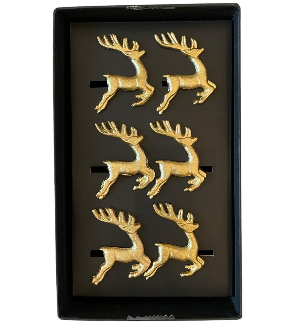 6pc Tahari Christmas Reindeer Napkin Rings Gold Holiday Glam New